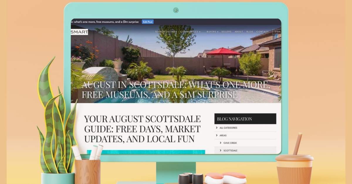 The August Scottsdale real estate newsletter shown on a computer monitor