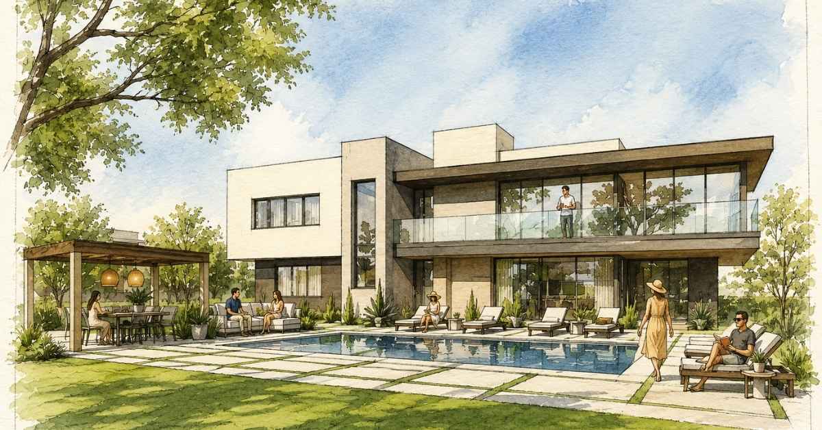 The pool and clubhouse area rendition for Avala rental community in Scottsdale, AZ