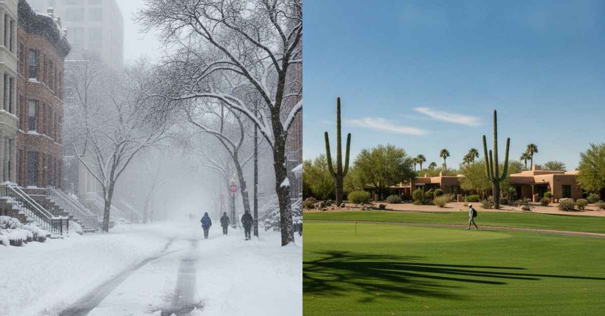 A photo comparing a snowy winter day in Chicago compared to a man golfing in sunny Scottsdale