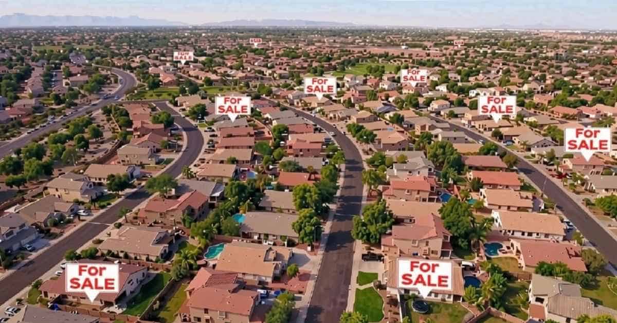A drone shot of Scottsdale homes showing different ones for sale.