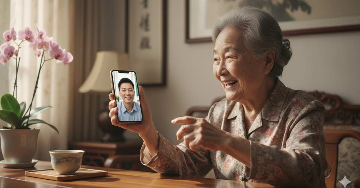 An elderly Asian lady have a facetime chat with her AI son