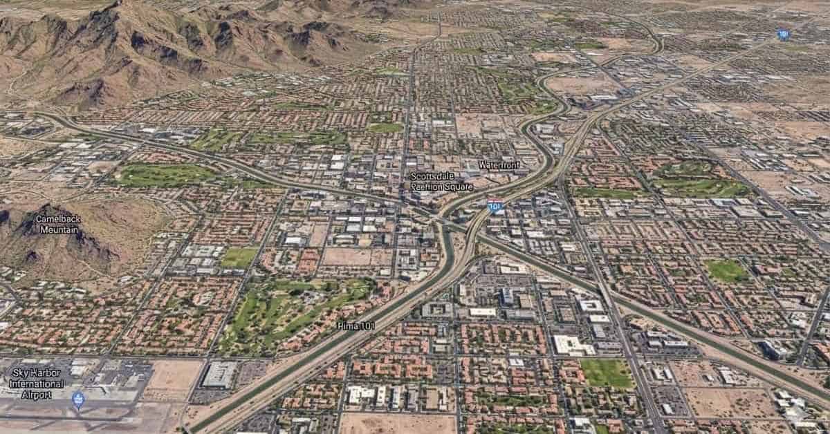 An aerial map of the city of Scottsdale, Arizona