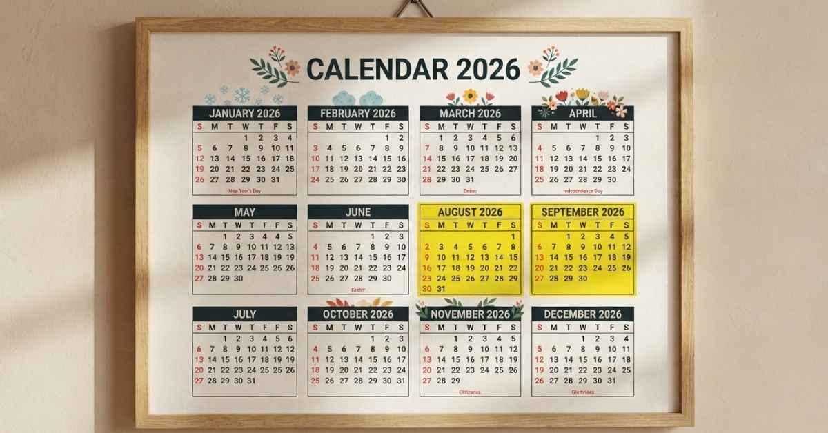 A framed 2026 calendar with the months of August and September highlighted in yellow