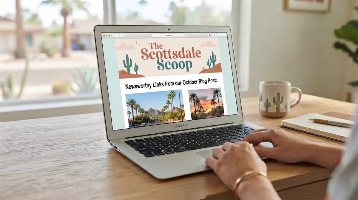 A woman reading the Scottsdale Scoop on her laptop