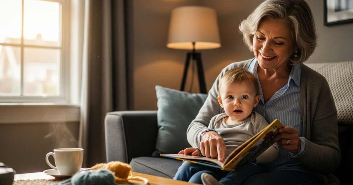 Grandma with her toddler grandson on her lap in the living room of their home in Scottsdale.