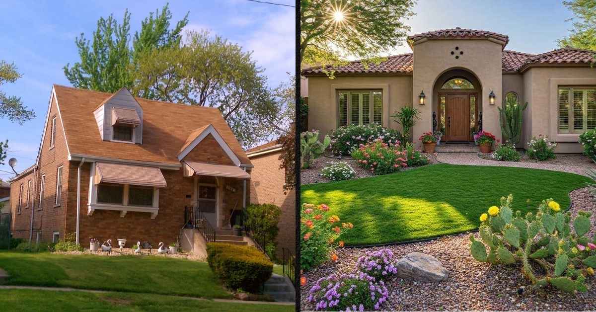 A brick cape cod in Illinois compared to a stucco home in Arizona