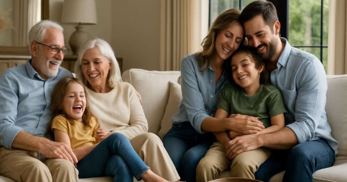 Multigenerational family sitting on the couch in their Scottsdale home family room