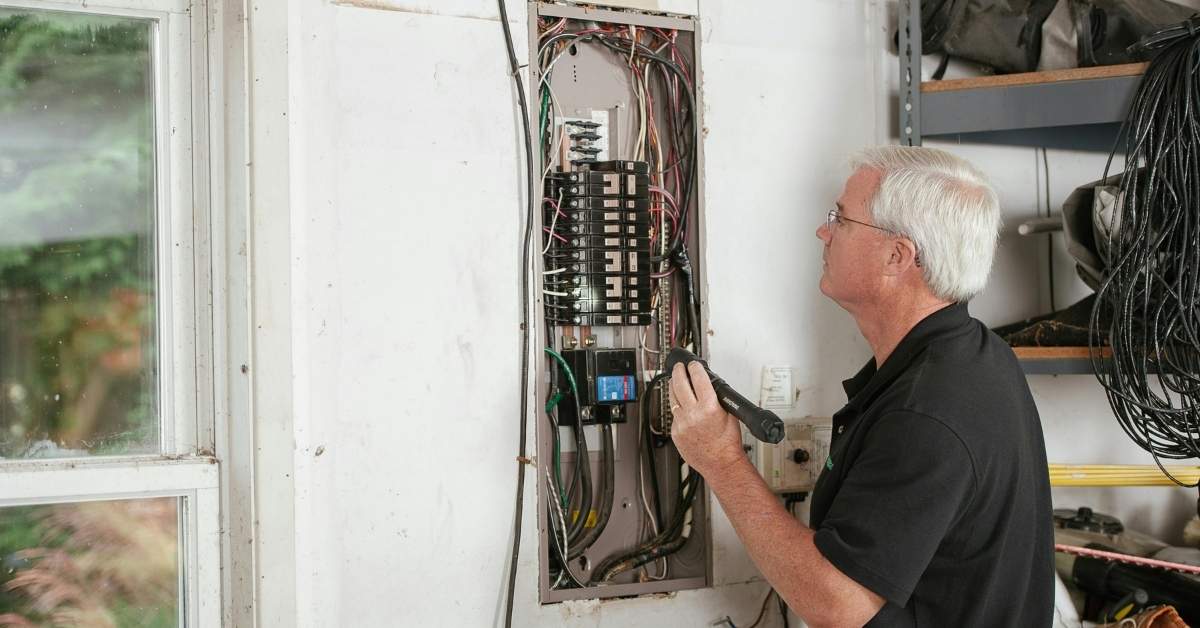 A man working on an electric box in the garage of a Scottsdale home for sale