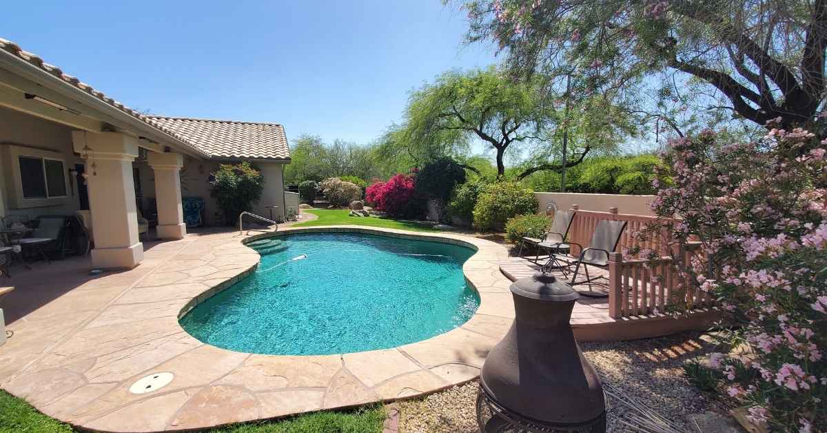 Backyard in Arizona with covered patio, open deck, pool, grass, and plants