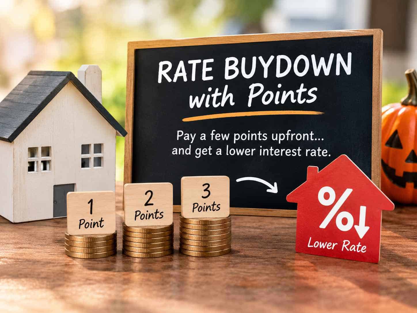 A blackboard on a desk with Mortgage Rate Buydown and coins in front showing points
