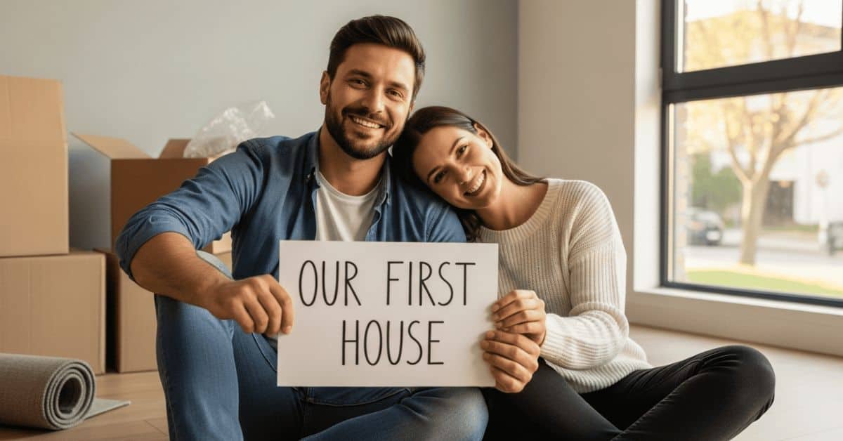A 30 something couple sitting on hte floor of the living room of their Scottsdale home holding a sign saying 