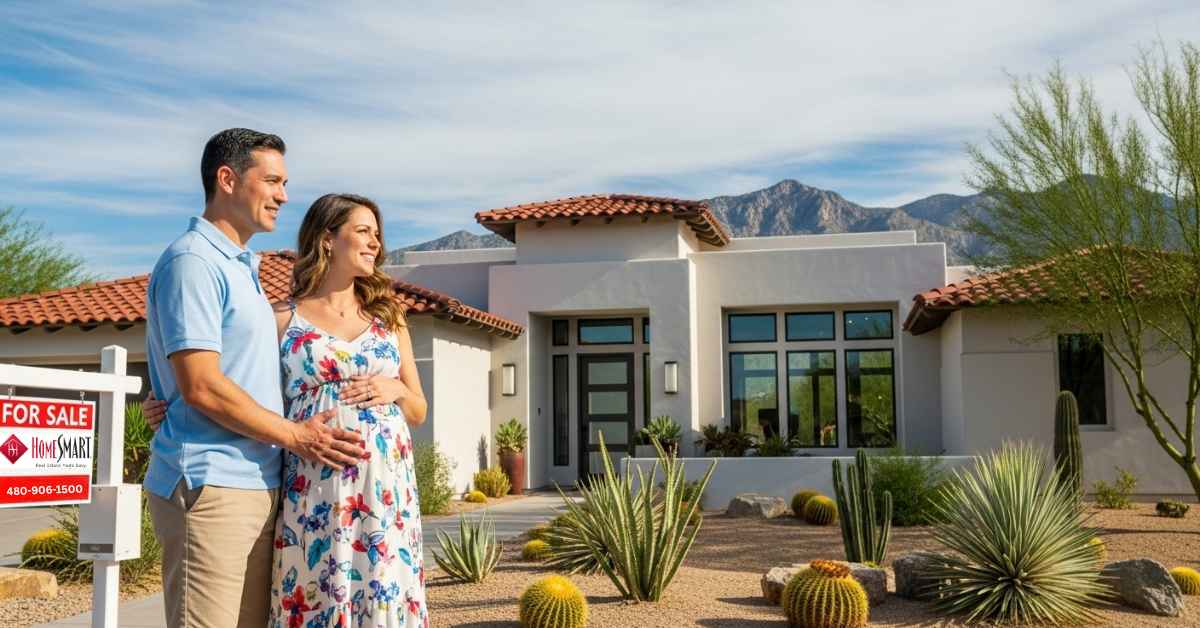 A pregnant woman and her husband standing in front of a Scottsdale home for sale