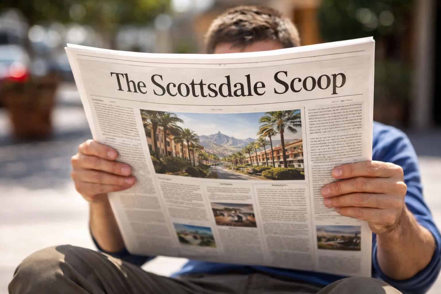 A man outside reading Scottsdale real estate news titled The Scottsdale Scoop