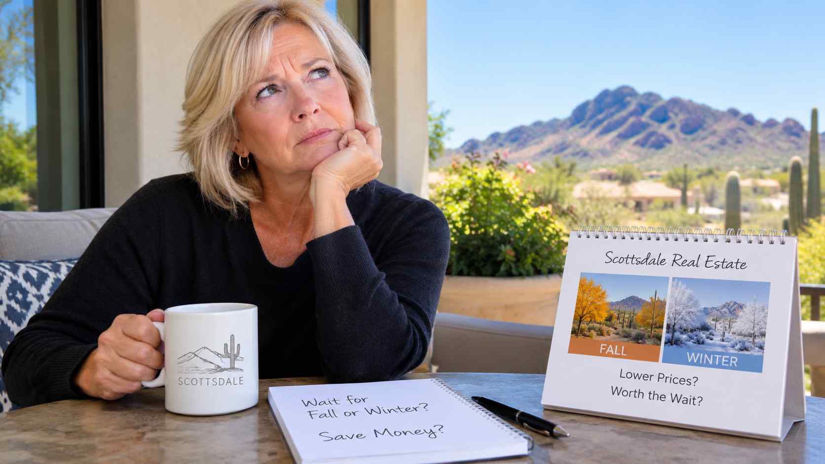 A woman sitting by a window wondering if she should wait to buy a home in Scottsdale in the Fall and/or Winter months to save money.