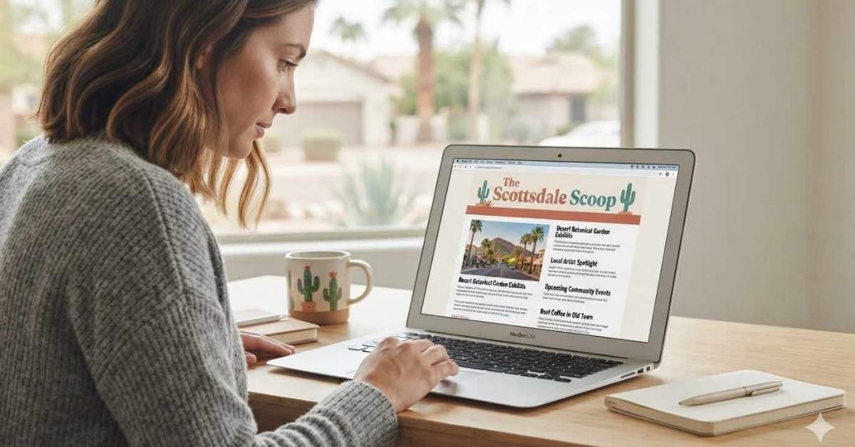 A woman reading Scottsdale real estate news on her laptop
