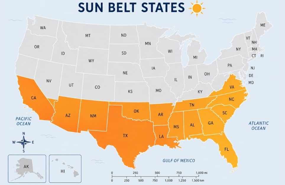 A map of the U.S. highlighting the sun belt states