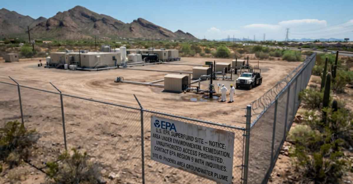 An example picture of a Superfund Site in Arizona that is fenced off with a warning sign and has mountains in the background