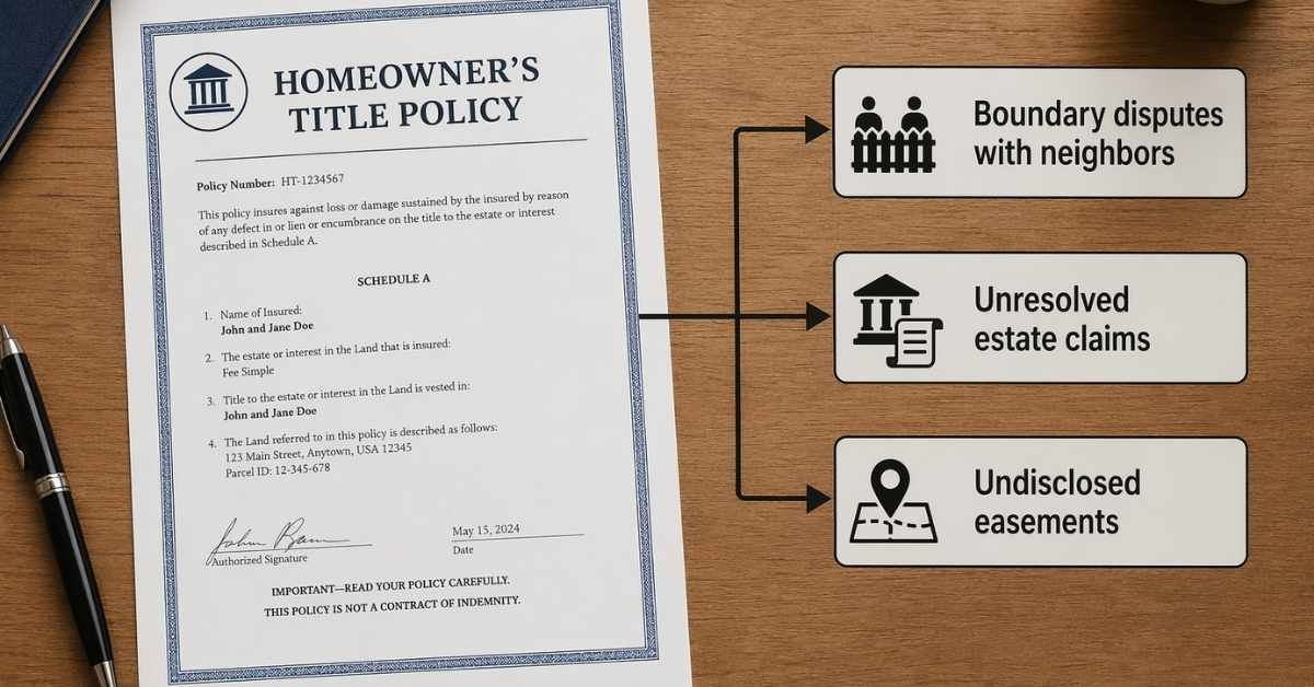 A title policy on a desk with arrows pointing to potential issues