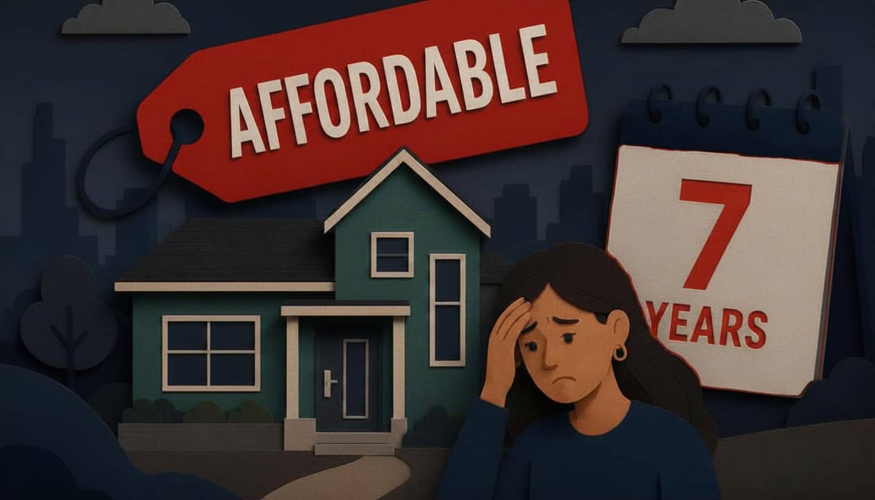 A cartoon of a woman waiting in front of a green Scottsdale house for 7 years for better affordability