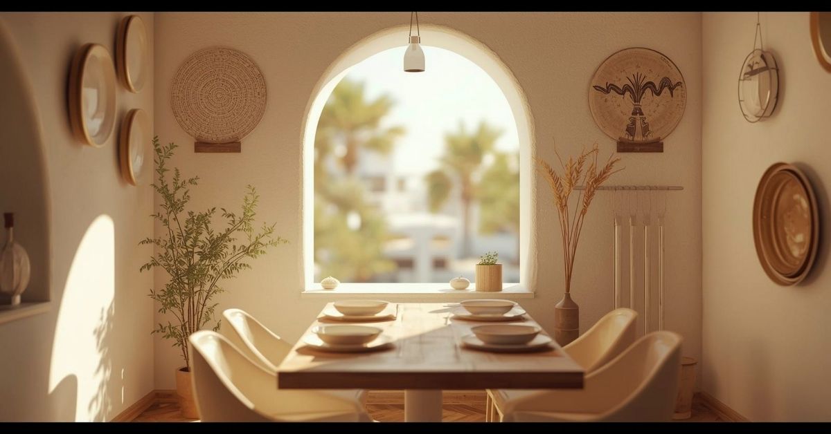 A beige dining room with an arched window in a home in Scottsdale