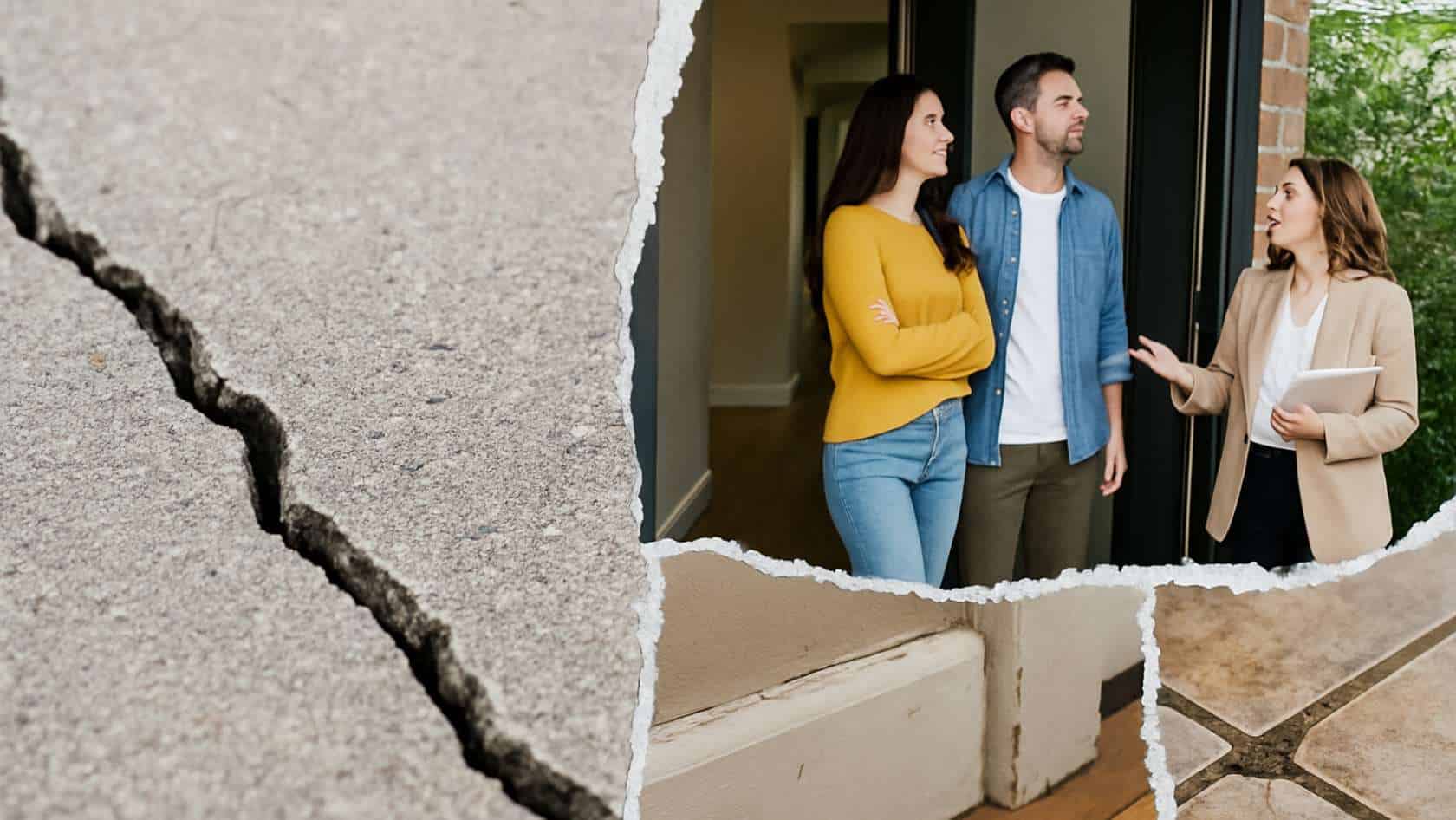 A collage of buyers, their agent, and a cracked foundation at a Scottsdale home for sale