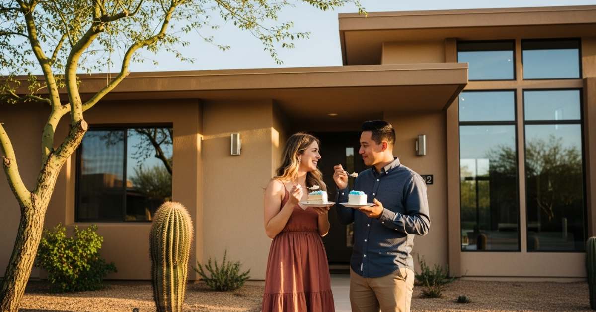 A young couple eating cake in front of their new Scottsdale home