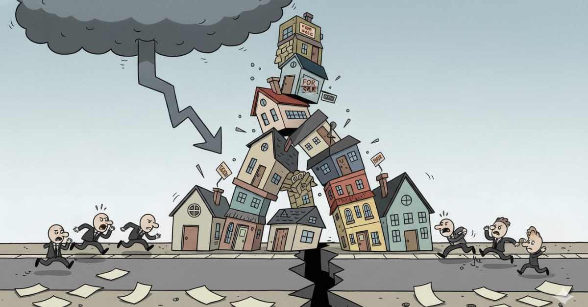 A cartoon showing a collapsing real estate housing market