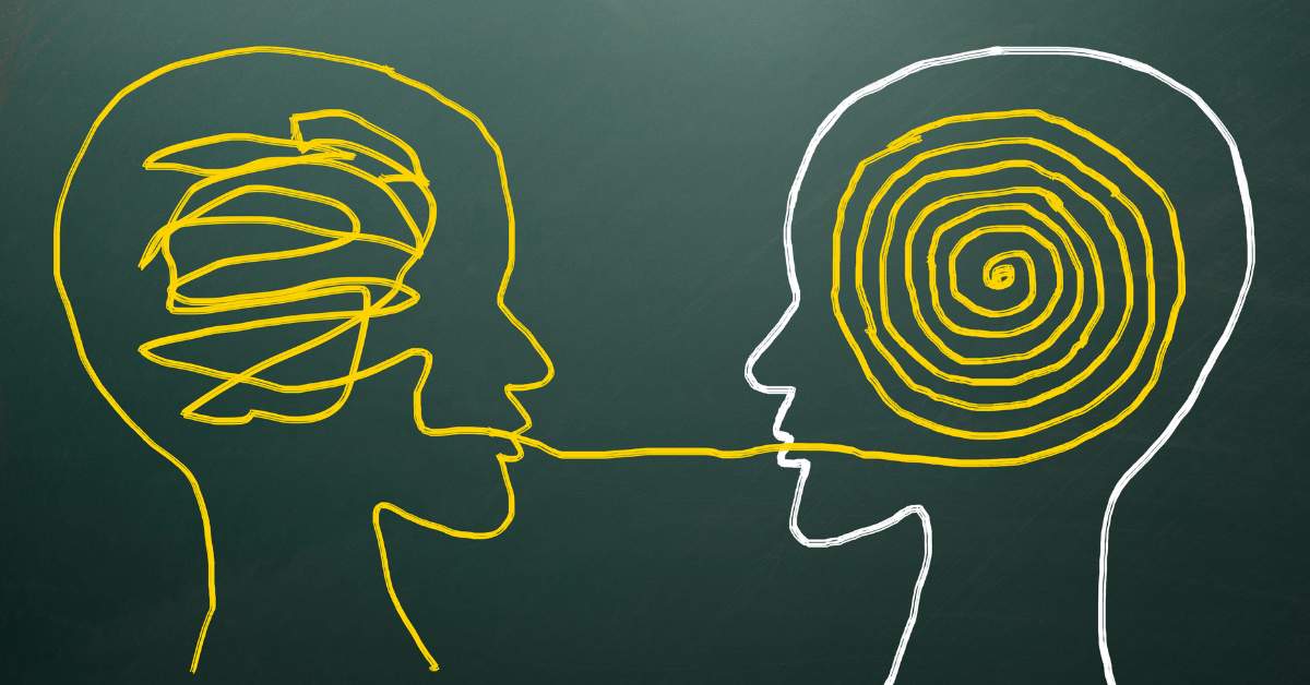 A drawing of 2 people speaking to each other and how their brains are interpreting it