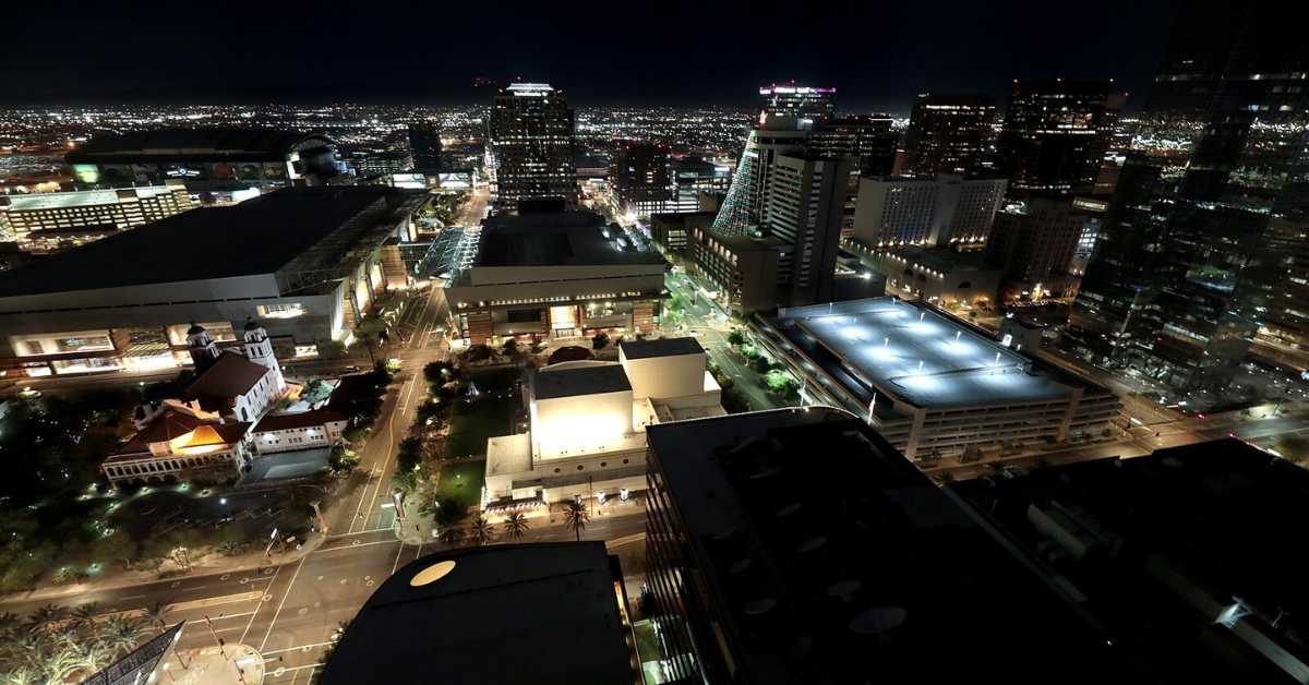 Drone shot of downtown Phoenix at night