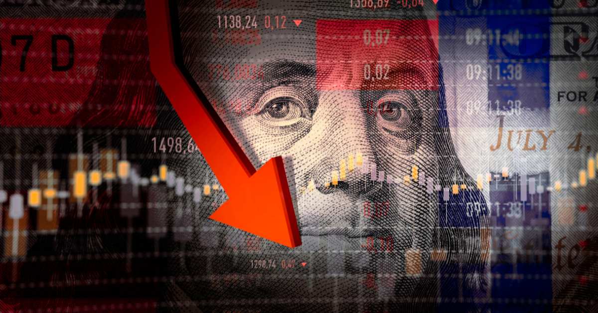 A picture of Ben Franklin and a red down arrow showing a downward economy