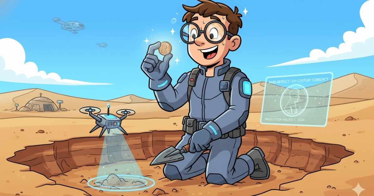 An archeologist from the future finding a long lost penny in the Scottsdale, AZ desert