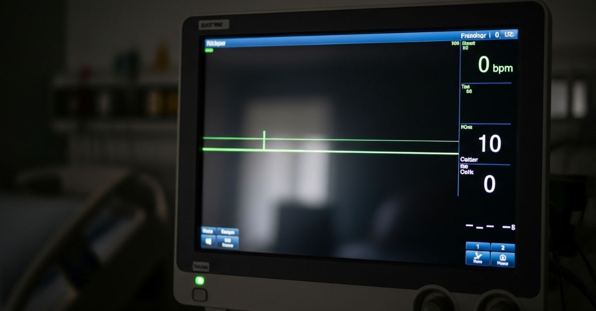 Hospital monitor showing a flatline reading