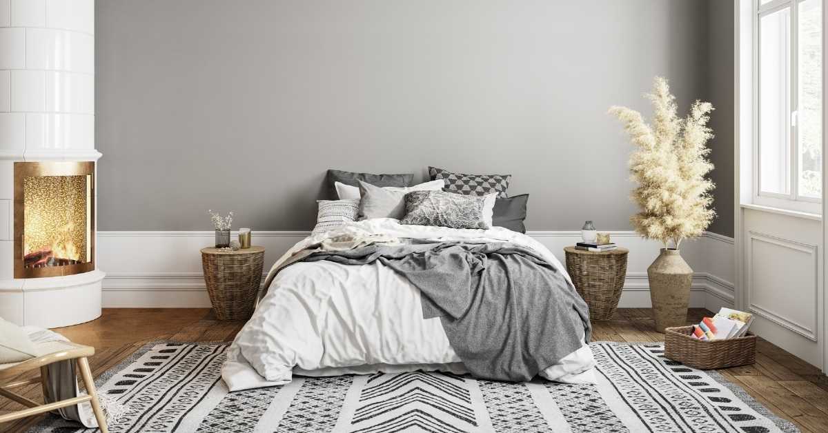 A gray and white bedroom