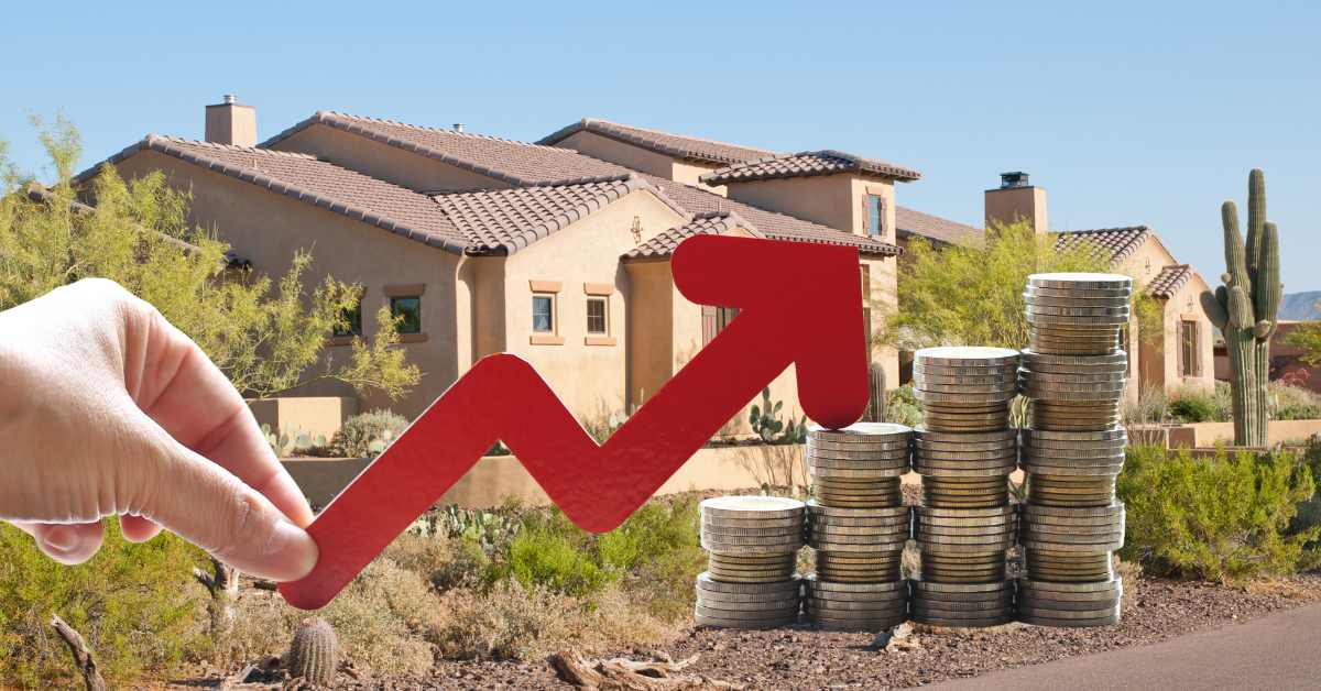 A hand holding a red arrow pointing up with stacks of coins and a Scottsdale home in the background