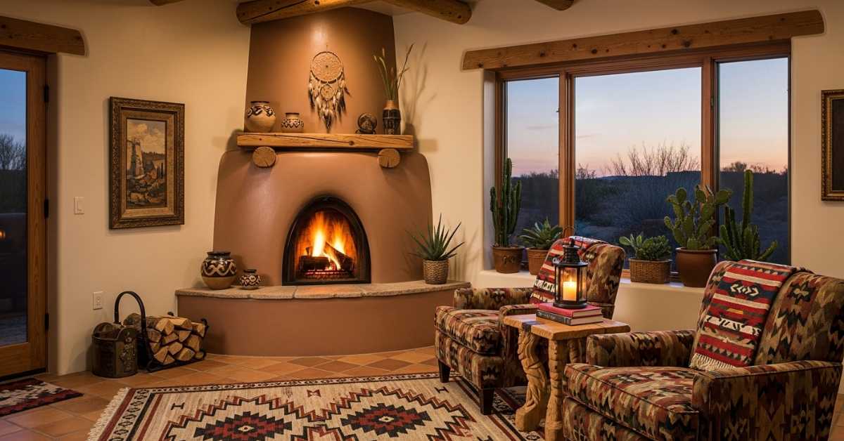 A beautiful corner kiva fireplace in the living room of a Scottsdale home with 2 southwest style chairs and a desert view outside the window