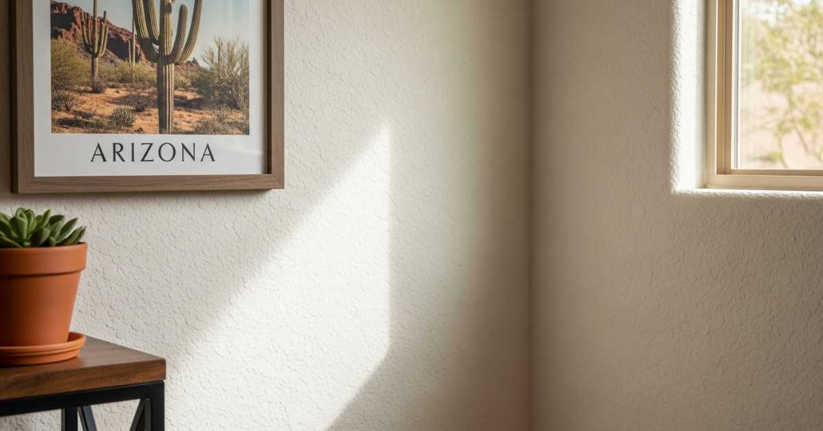 A room with a window showing the popular painting style of knockdown paint in a Scottsdale home, with a photo of the desert and cacti saying Arizona.