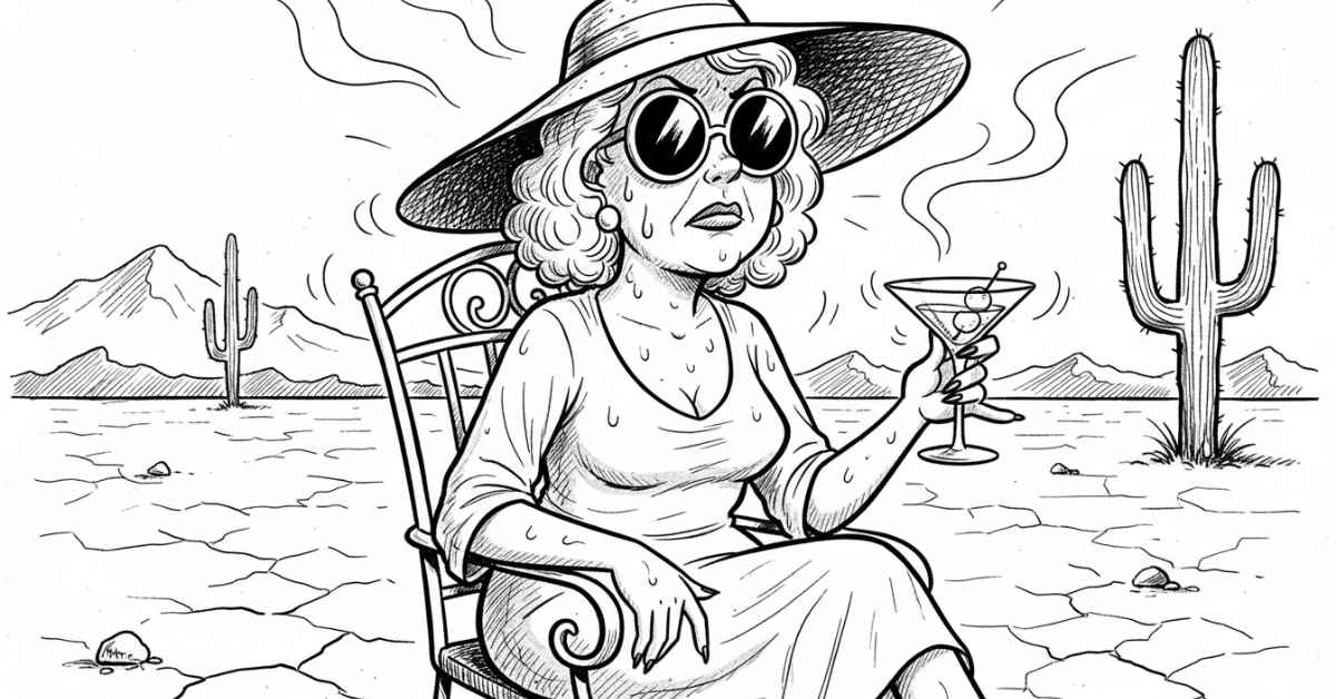 A woman sitting in the Scottsdale desert with a martini in her hand and a sunhat on and sweating profusely