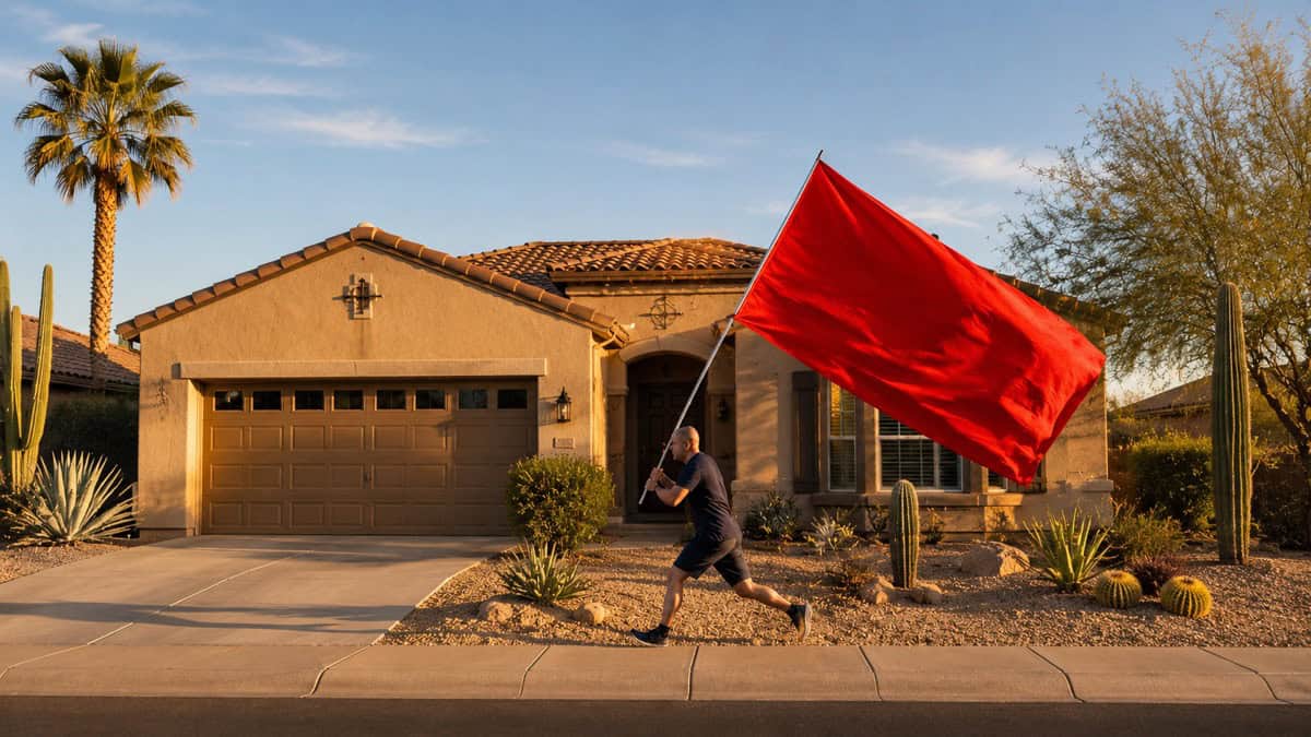 A man running past a Scottsdale home for sale with a big red flag