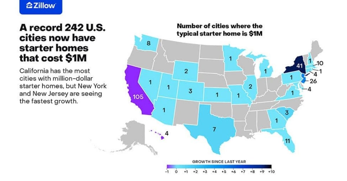 A map showing states that have million dollar starter homes