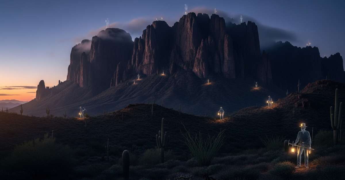 Ghosts of old miners with lanterns in Superstition Mountains