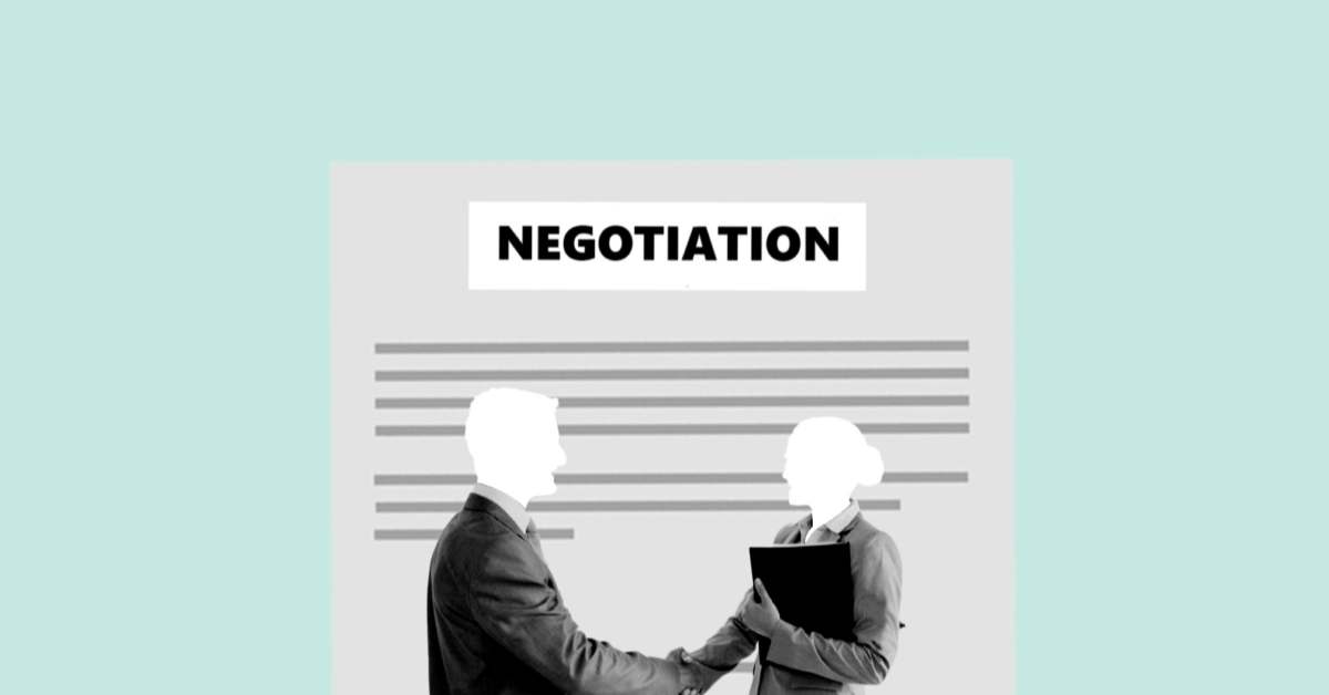 A drawing of 2 people shaking hands with white heads and an aqua background with Negotiation written on top
