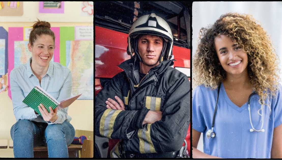 A teacher, firefighter, and nurse