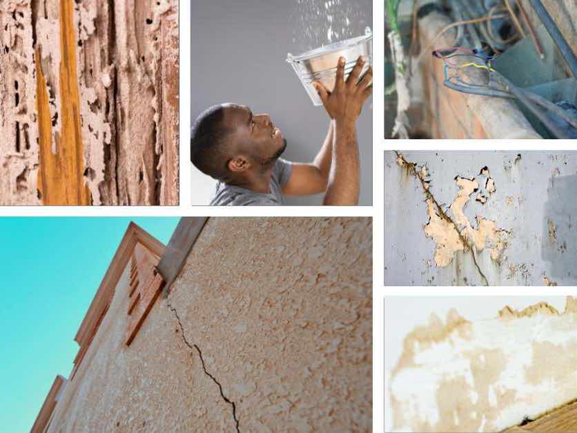 A collage of home repairs showing termite damage, man with a bucket catching water from a leaky roof, bad electrical, cracked exterior wall of a Scottsdale home for sale, peeling paint, and water damage to an interior wall.