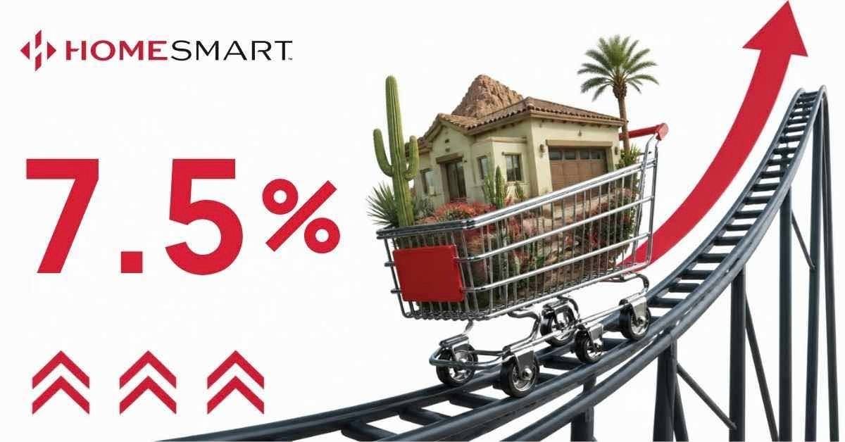 A Scottsdale home in a shopping cart on a rollercoaster track going up with 7.5% mortgage rates.