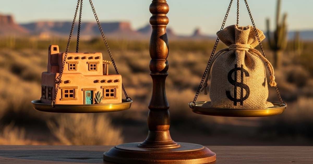 A scale with a Scottsdale home on the left and a money bag on the right with a background of desert and cacti