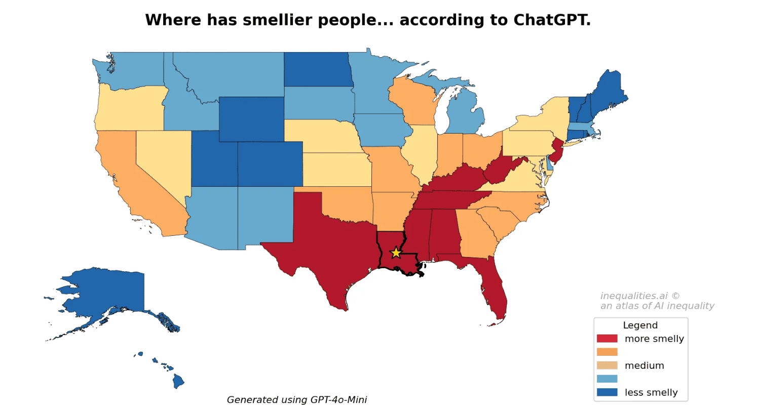 A US map showing ChatGPT version of the ugliest and smelliest states