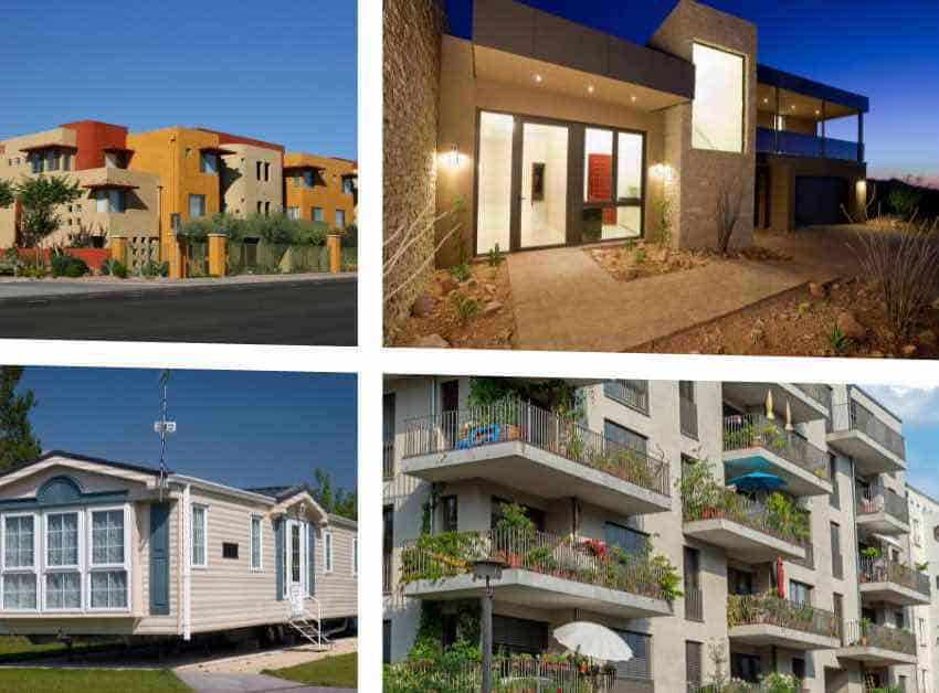 Different types of Scottsdale home styles including single family houses, condos, townhomes, and a mobile home