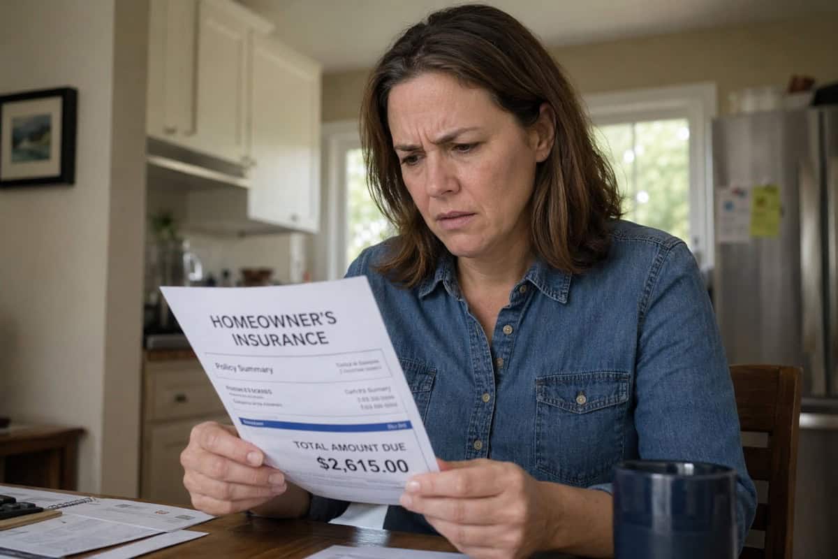 A confused woman looking at her higher homeowners insurance bill for her home in Scottsdale, AZ